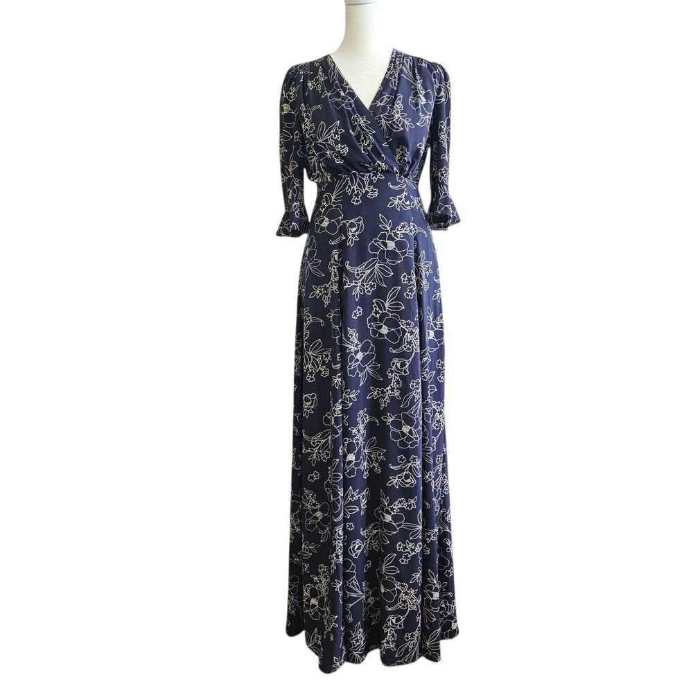 NWT Gal Meets Glam Size 0 Floral Faux-Wrap Purple Cotton Floor Length Dress